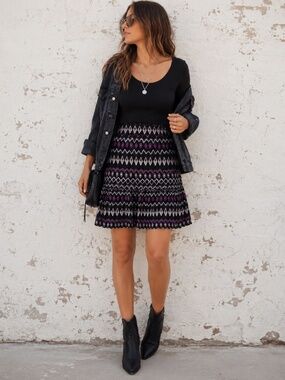 Esprit Whimsigoth Ikat Mini Skirt Black Purple Ruffle Hem Boho Festival Size M